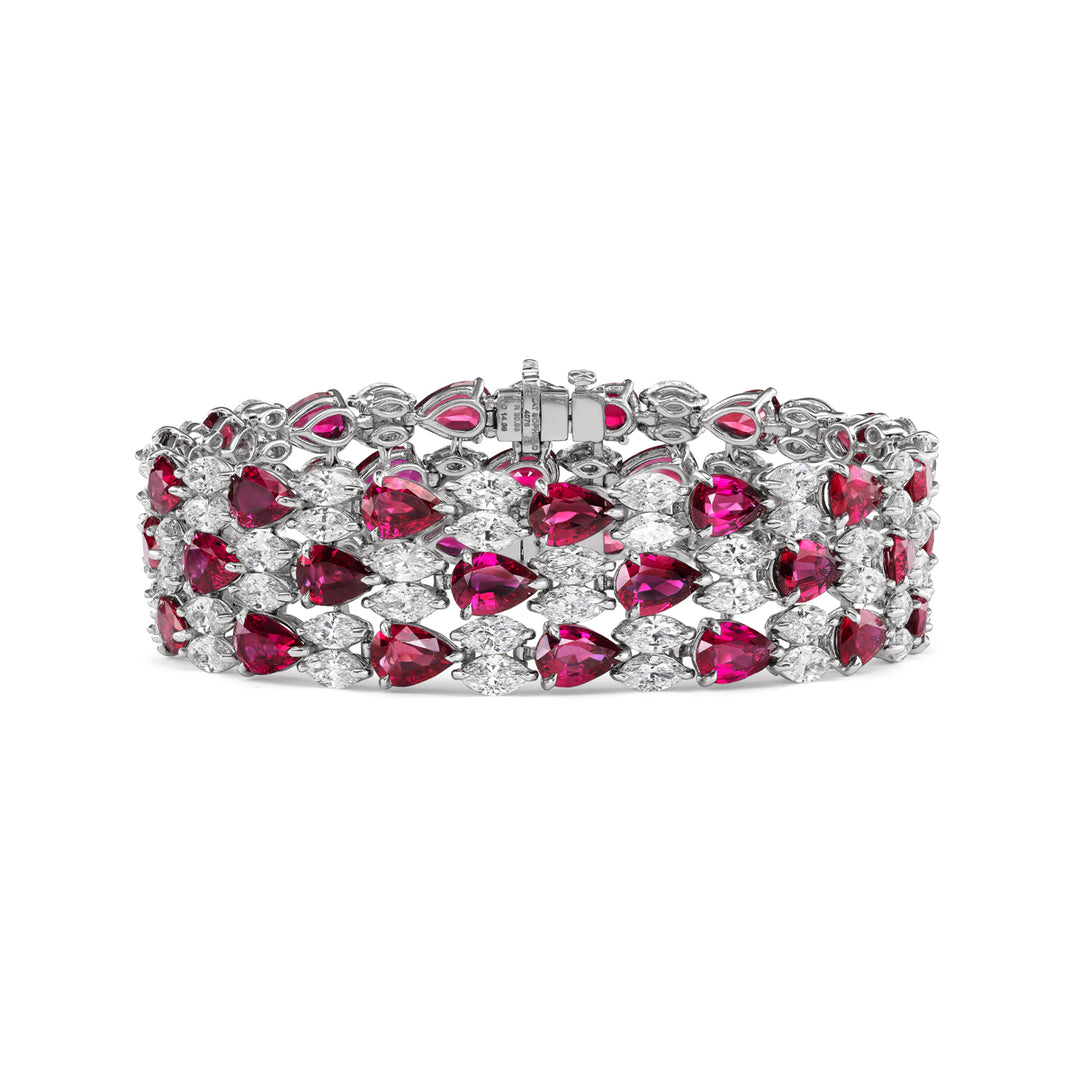 Platinum Bracelet with Pear Shaped Rubies and Marquise Cut Diamonds