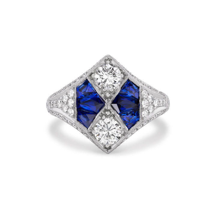 Platinum Art Deco Style Ring with Sapphire and Diamonds