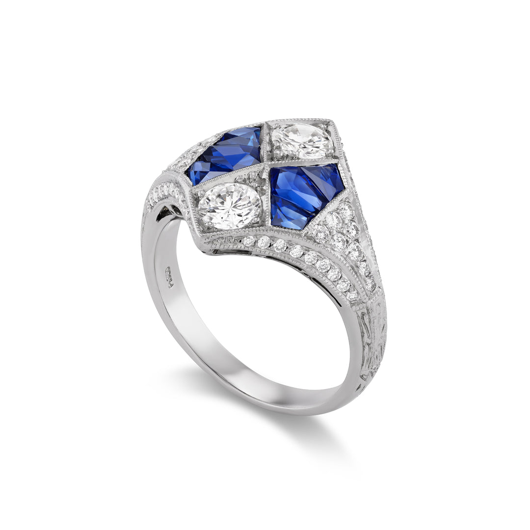Platinum Art Deco Style Ring with Sapphire and Diamonds