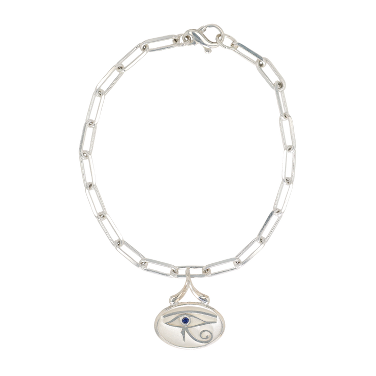 Sterling Silver Paperclip Bracelet with Evil Eye Charm with Sapphire