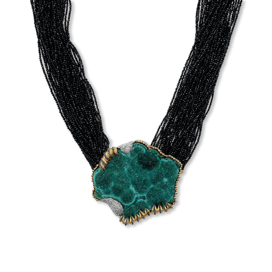 18K Yellow Gold Necklace with Black Spinel, Dioptase, and Diamond Accents