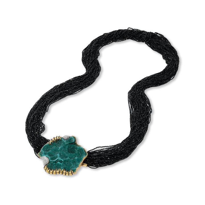 18K Yellow Gold Necklace with Black Spinel, Dioptase, and Diamond Accents