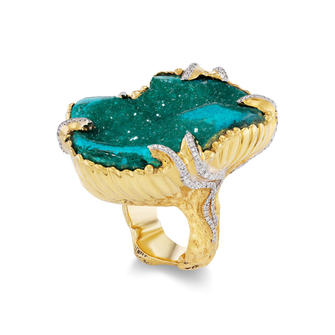 18K Yellow Gold Dioptase and Diamond Ring