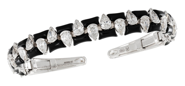 18K White Gold Black Ceramic Pear Shaped Diamond Flex Cuff Bracelet
