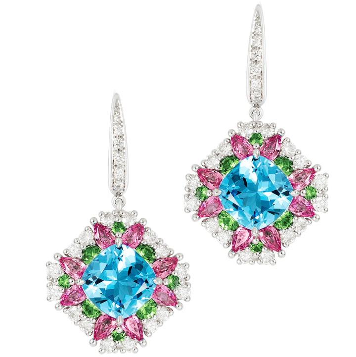 18K White Gold Blue Topaz, Pink Sapphire, Tsavorite Garnet and Diamond Earrings