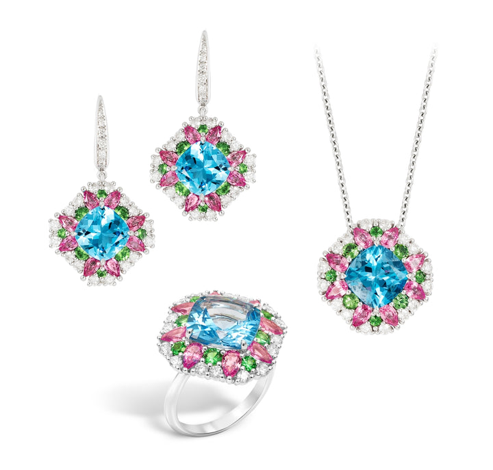 18K White Gold Blue Topaz, Pink Sapphire, Tsavorite Garnet and Diamond Necklace