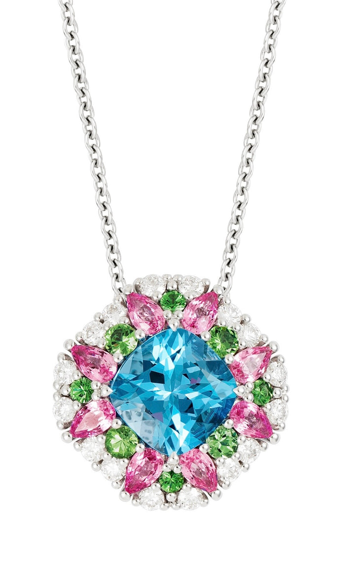 18K White Gold Blue Topaz, Pink Sapphire, Tsavorite Garnet and Diamond Necklace