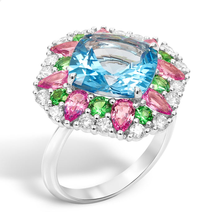 18K White Gold Blue Topaz, Pink Sapphire, Tsavorite and Diamond Ring