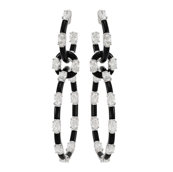 18K White Gold, Oval Diamond and Black Onyx Drop Hoop Earrings