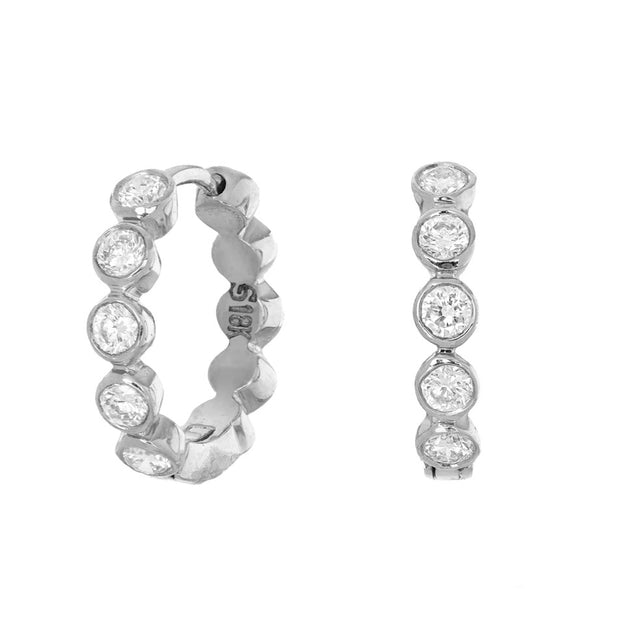 18K White Gold Mini Bezel Huggie Diamond Earrings