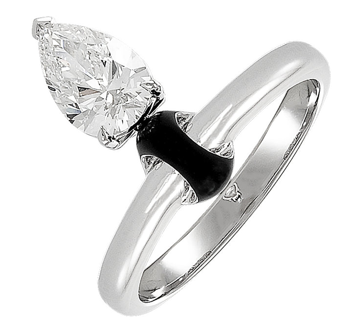 18K White Gold and Black Ceramic Pear Shaped Diamond Ring