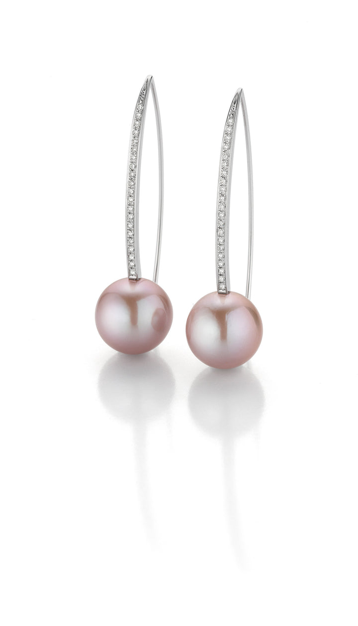 18K White Gold Pink Ming Pearl and Diamond Earrings