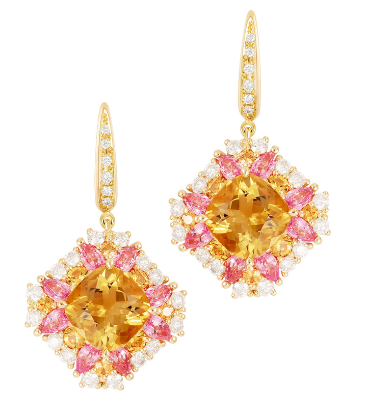 18K Yellow Gold Citrine, Pink and Orange Sapphire Diamond Earrings