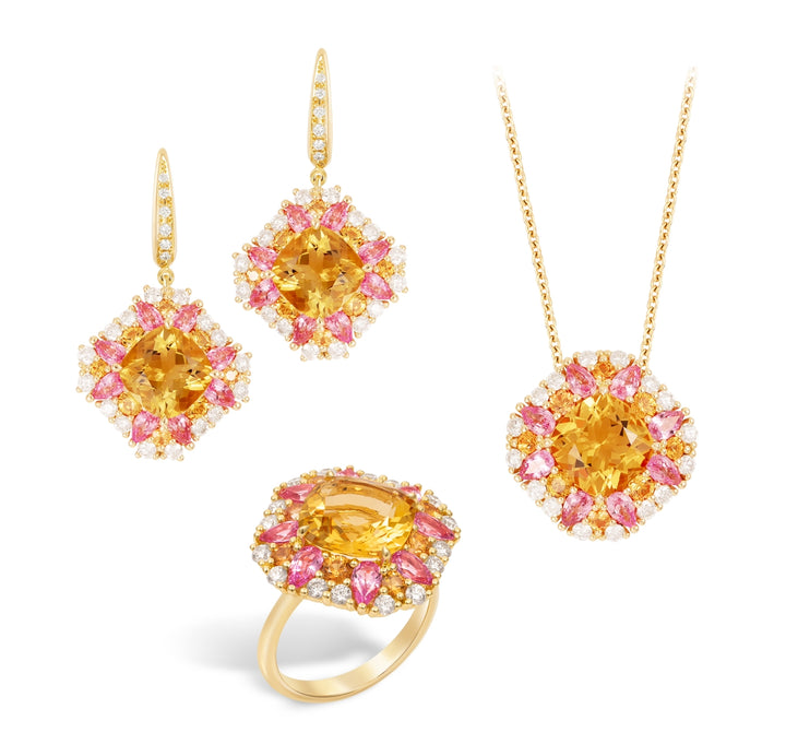 18K Yellow Gold Citrine, Pink and Orange Sapphire Diamond Earrings