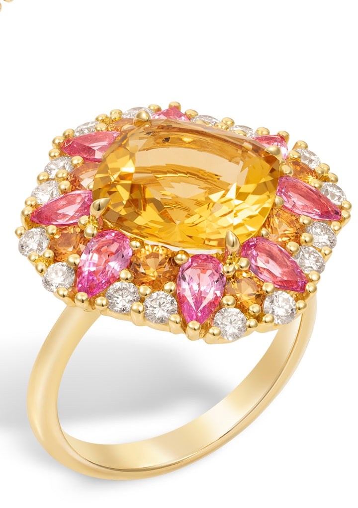 18K Yellow Gold Citrine, Pink and Orange Sapphire Diamond Ring