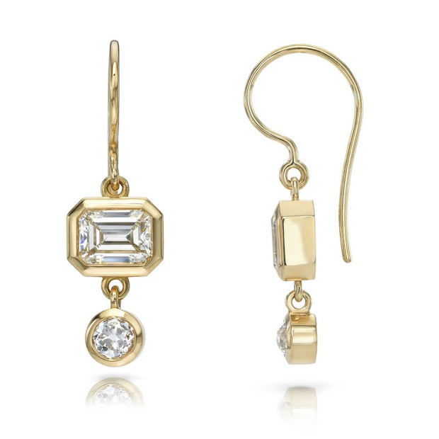 18K Yellow Gold Emerald Cut and Old European Cut Diamond Paloma Earrings