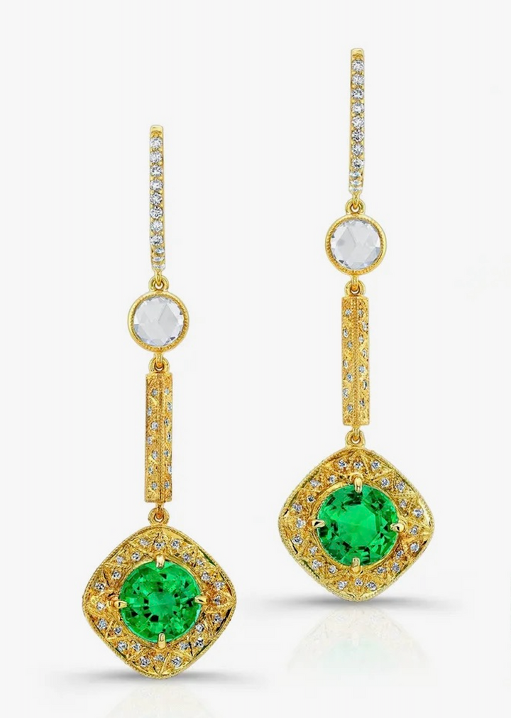 "Mystical Earrings"  18K Yellow Gold, Emerald & Diamonds