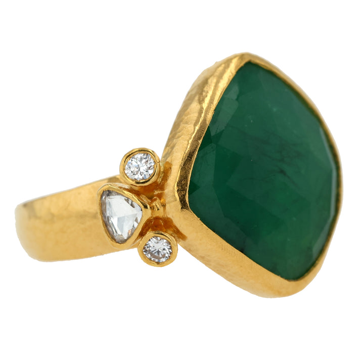 24K Yellow Gold Rose Cut Emerald and Diamond Ring