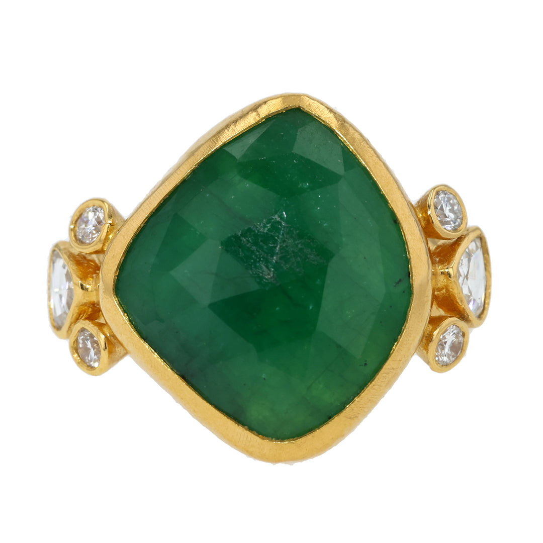 24K Yellow Gold Rose Cut Emerald and Diamond Ring