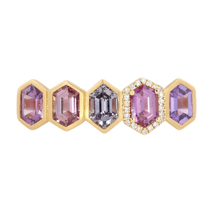 18K Yellow Gold 5-Stone Pink and Purple Spinel and Diamond Ring