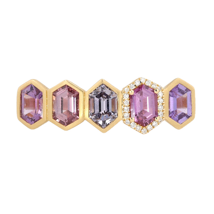 18K Yellow Gold 5-Stone Pink and Purple Spinel and Diamond Ring