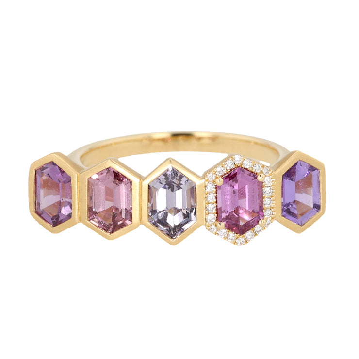 18K Yellow Gold 5-Stone Pink and Purple Spinel and Diamond Ring