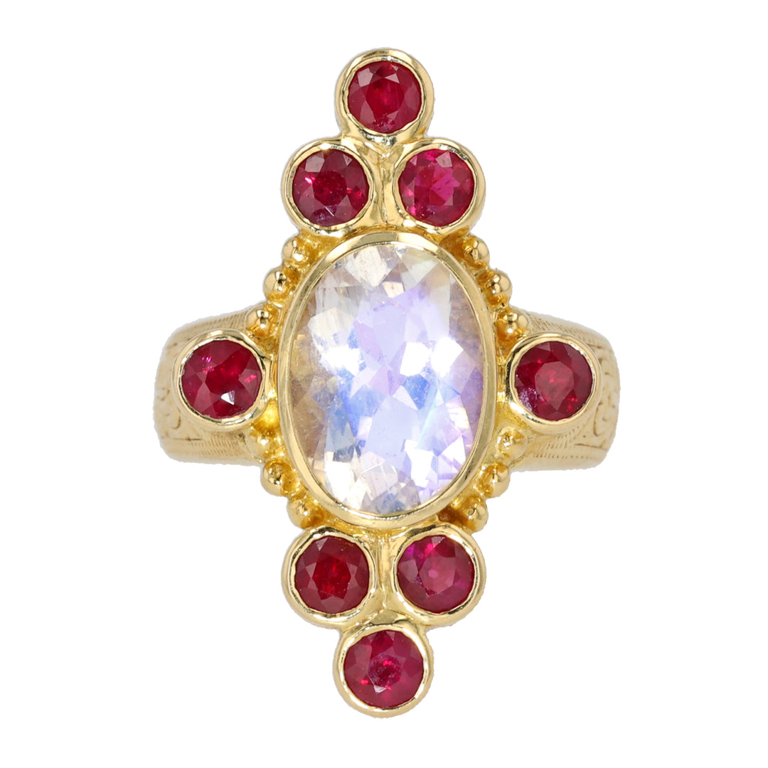 18K Yellow Gold Faceted Moonstone and Ruby Ring