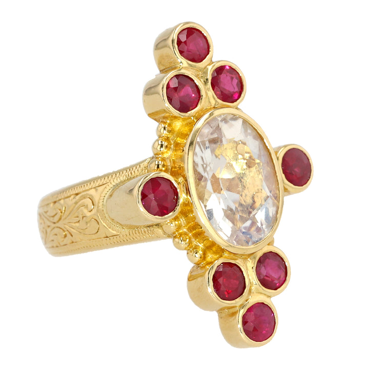 18K Yellow Gold Faceted Moonstone and Ruby Ring