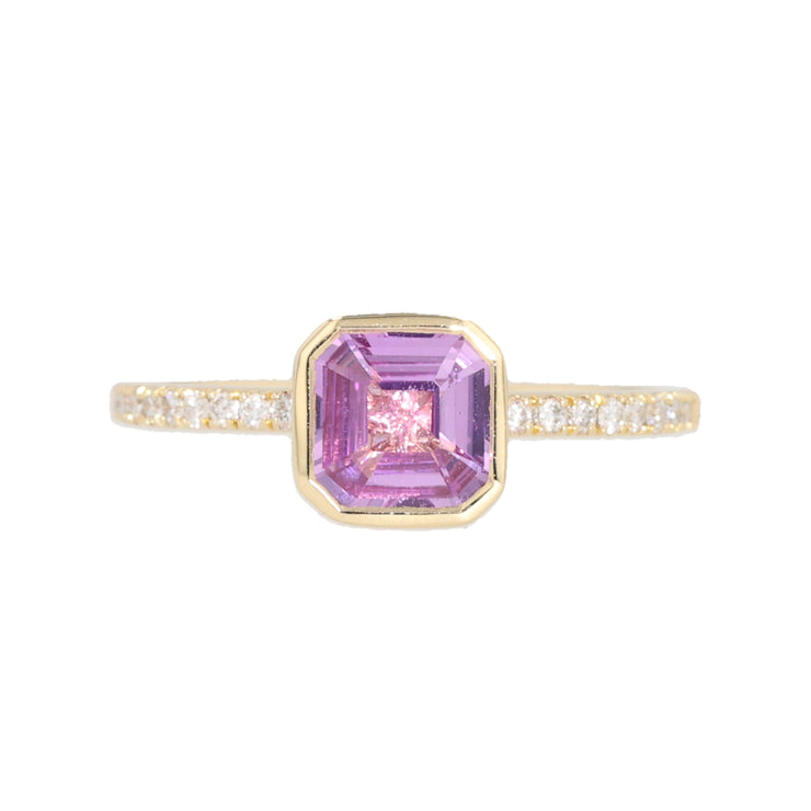 18K Yellow Gold Asscher Cut Pink Sapphire and Diamond Mochi Ring