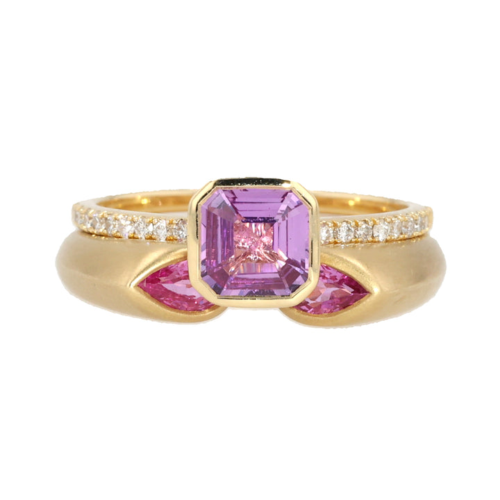 18K Yellow Gold Asscher Cut Pink Sapphire and Diamond Mochi Ring