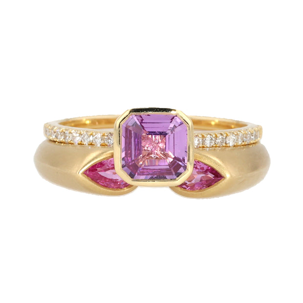 18K Yellow Gold Asscher Cut Pink Sapphire and Diamond Mochi Ring