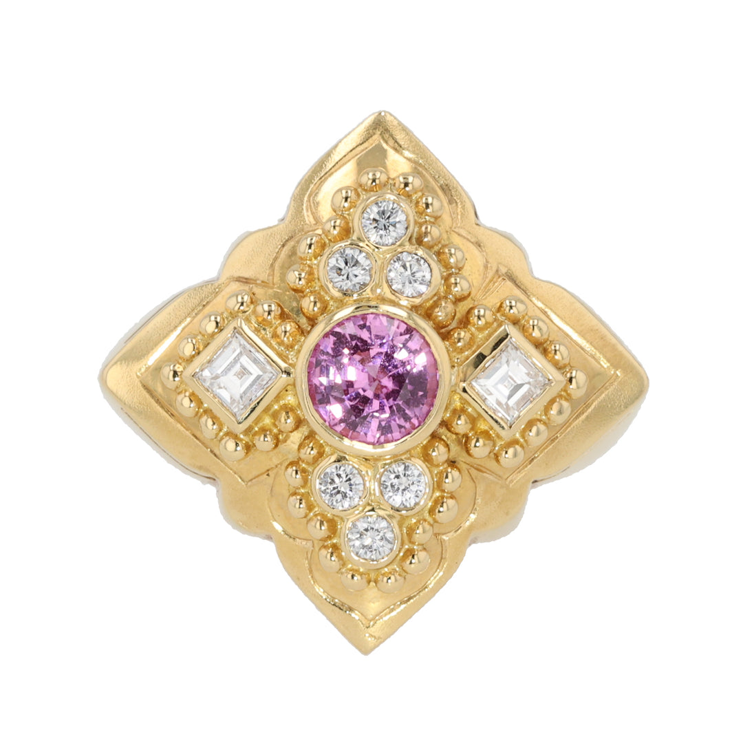 18K Yellow Gold Pink Sapphire and Diamond Ring