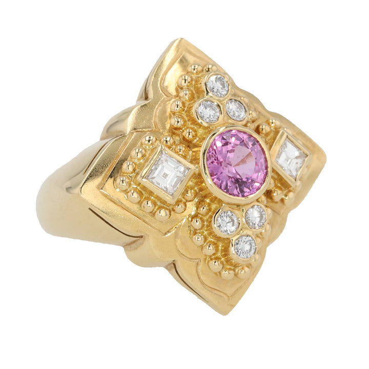 18K Yellow Gold Pink Sapphire and Diamond Ring