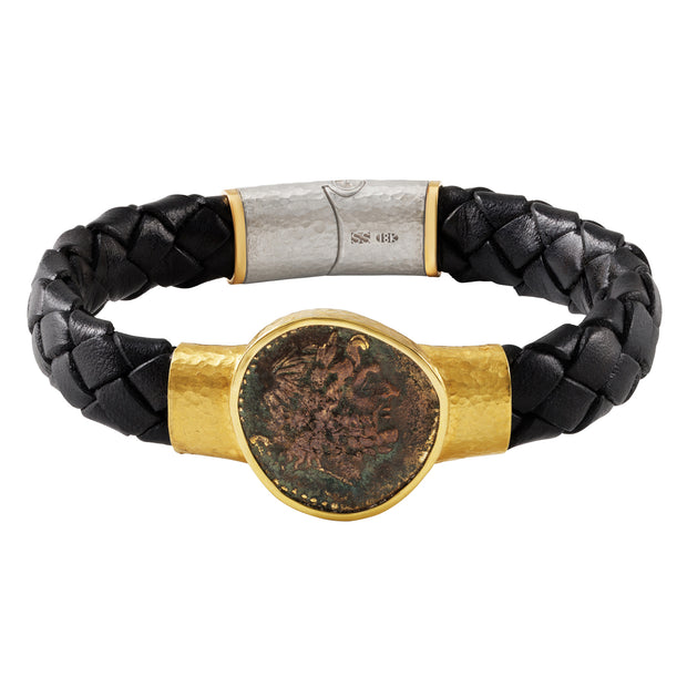 18K Yellow Gold Black Leather Alexander the Great Coin Bracelet