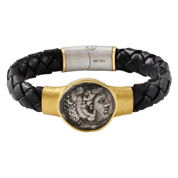 18K Yellow Gold Black Leather Alexander the Great Coin Bracelet