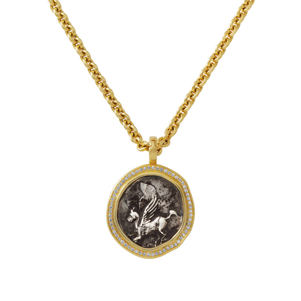 18K Yellow Gold Pegasus and Athena Diamond Coin Pendant