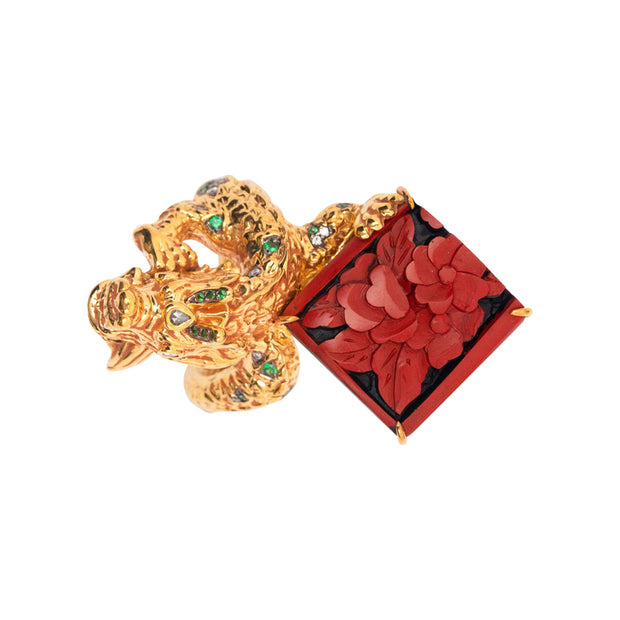 9K Yellow Gold Hand-Carved Red Lacquer, Tsavorite and Diamond Dragon Ring