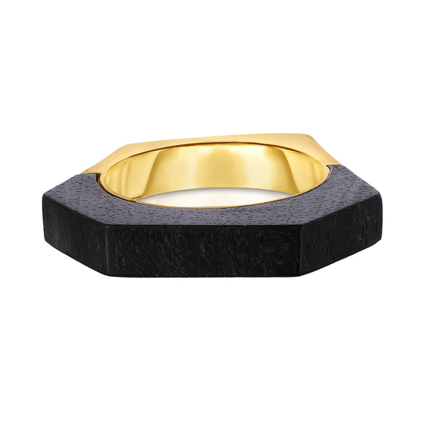 18K Yellow Gold Hand Carved Ebony Hexagon Ring