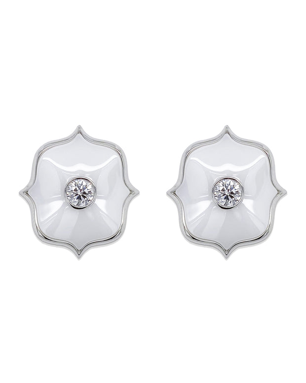 Platinum White Ceramic Lotus and Diamond Earrings