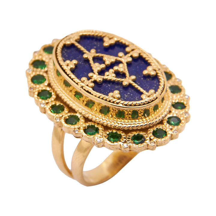 18K Yellow Gold Lapis, Tsavorite and Diamond Silk Road Ring