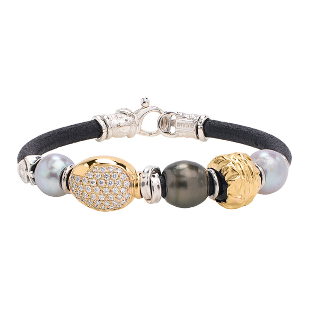 18K Yellow Gold and Silver Leather Pearl and Diamond Bracelet