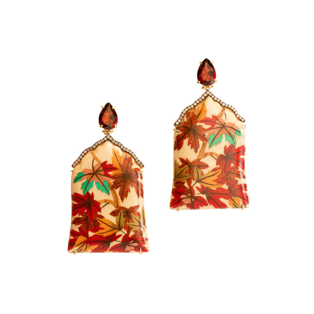 18K Yellow Gold Marquetry Garnet and Diamond Earrings
