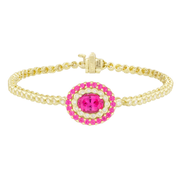 18K Yellow Gold Pink Spinel and Diamond Tennis Bracelet