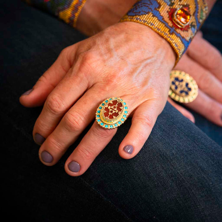 18K Yellow Gold Carnelian, Turquoise and Diamond Silk Road Ring