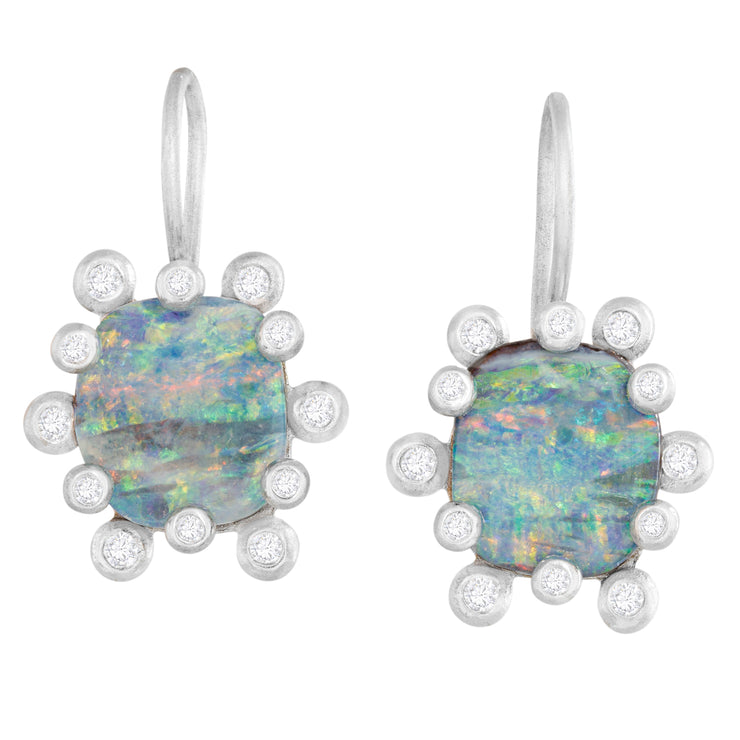 18K White Gold Cushion Australian Boulder Opal and Diamond Drop Earrings