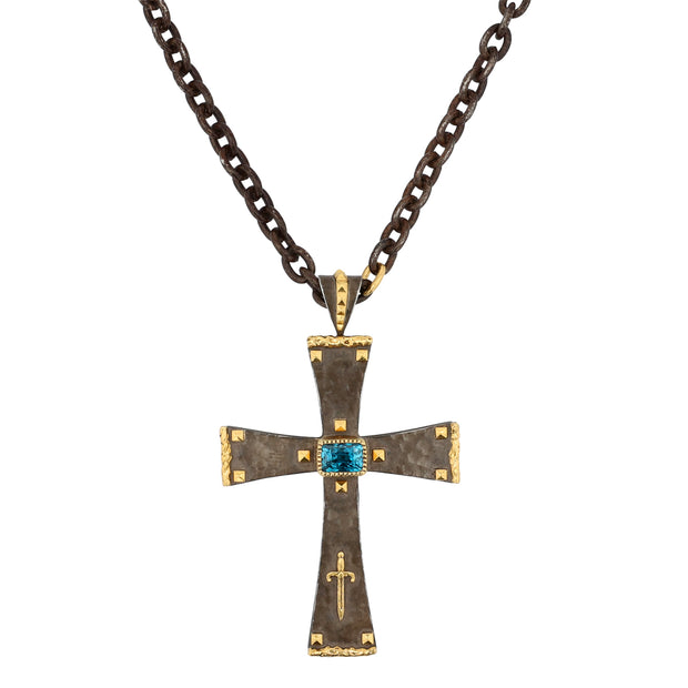 24K Yellow Gold and Silver Cross Necklace with Blue Zircon