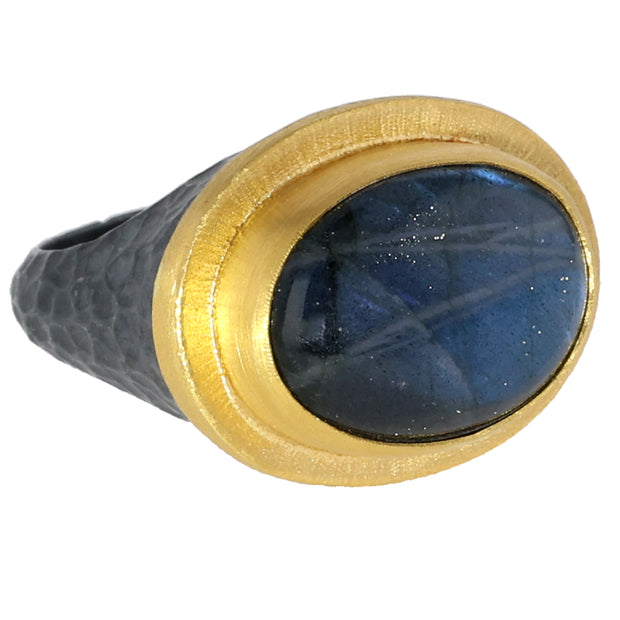 24K Yellow Gold and Oxidized Silver Labradorite Ring