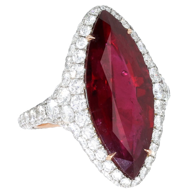 Platinum and 18K Rose Gold Ring with Marquise Ruby and Diamonds