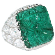 Platinum Handcarved Zambian Emerald and Antique Pear Shaped Diamond Ring