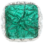 Platinum Handcarved Zambian Emerald and Antique Pear Shaped Diamond Ring